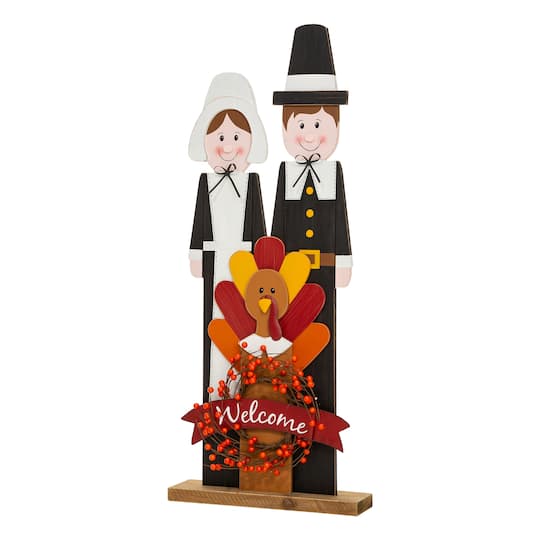 Glitzhome&#xAE; 36&#x22; Thanksgiving Pilgrim Couple Porch D&#xE9;cor